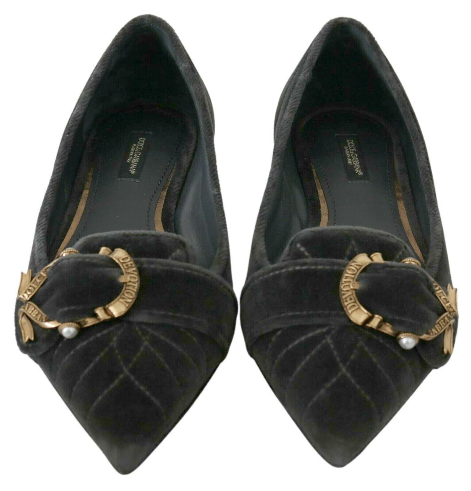 Dolce & Gabbana Grey Velvet Devotion Ballerinas Flats Shoes Leather Gold Logo 1