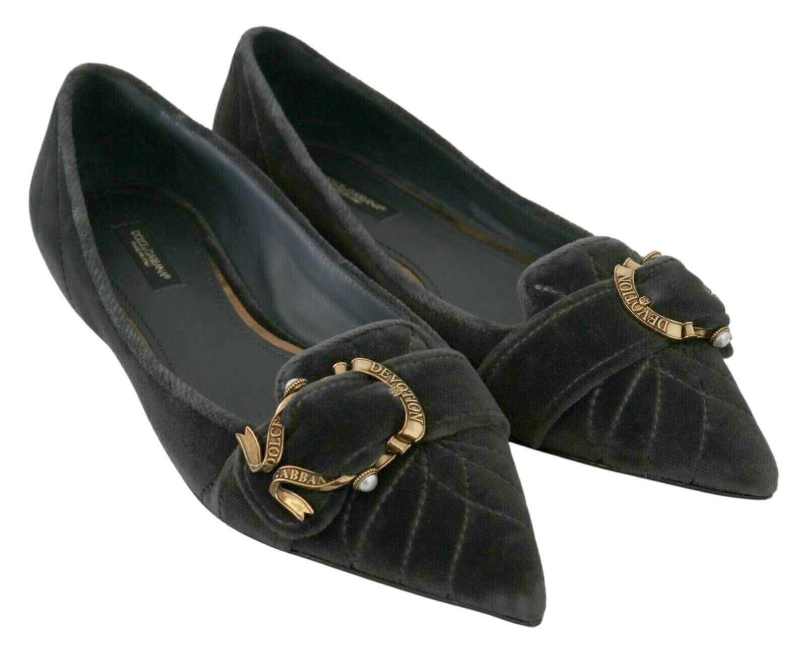 Dolce & Gabbana Grey Velvet Devotion Ballerinas Flats Shoes Leather Gold Logo 2