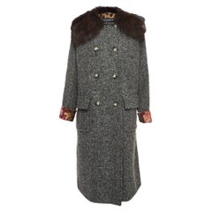 Dolce & Gabbana Grey Wool Blend and Fur Double Breasted Long Coat M