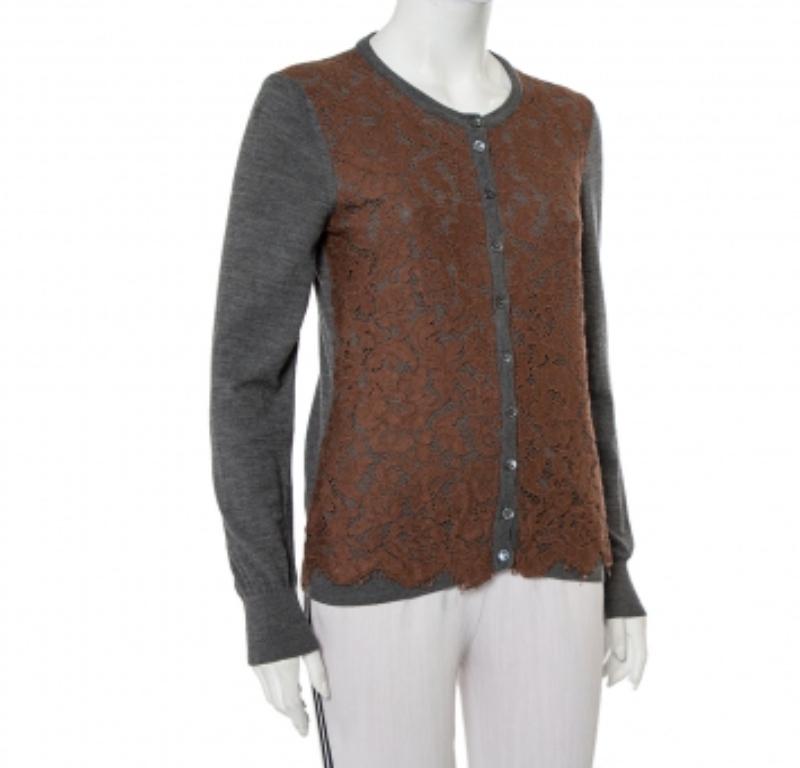 Black Dolce & Gabbana Grey Wool Contrast Lace Trim Button Front Cardigan M For Sale