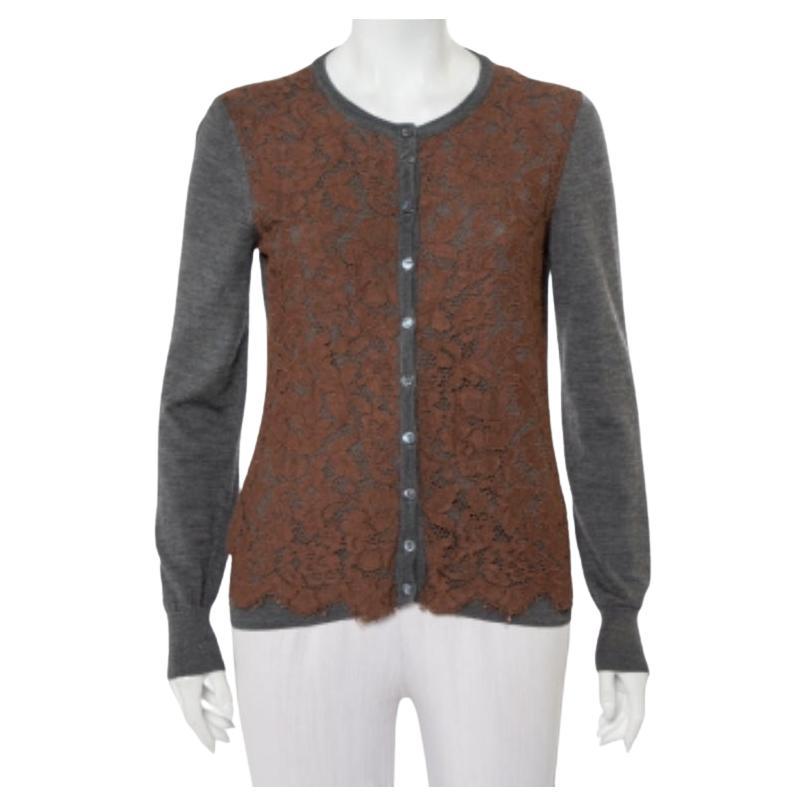 Dolce & Gabbana Grey Wool Contrast Lace Trim Button Front Cardigan M For Sale
