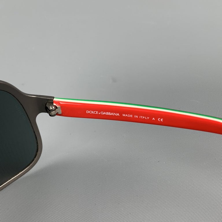 DOLCE and GABBANA Gunmetal Aviator Shield Red Arm Sunglasses  display picture 3