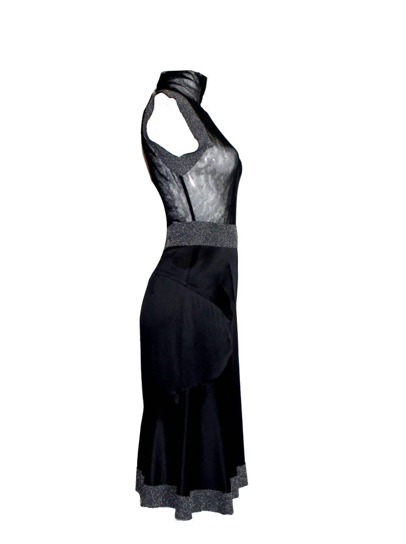 Black Dolce & Gabbana Gunmetal Tulle Silk Dress Stand Up Collar & Crystal Details