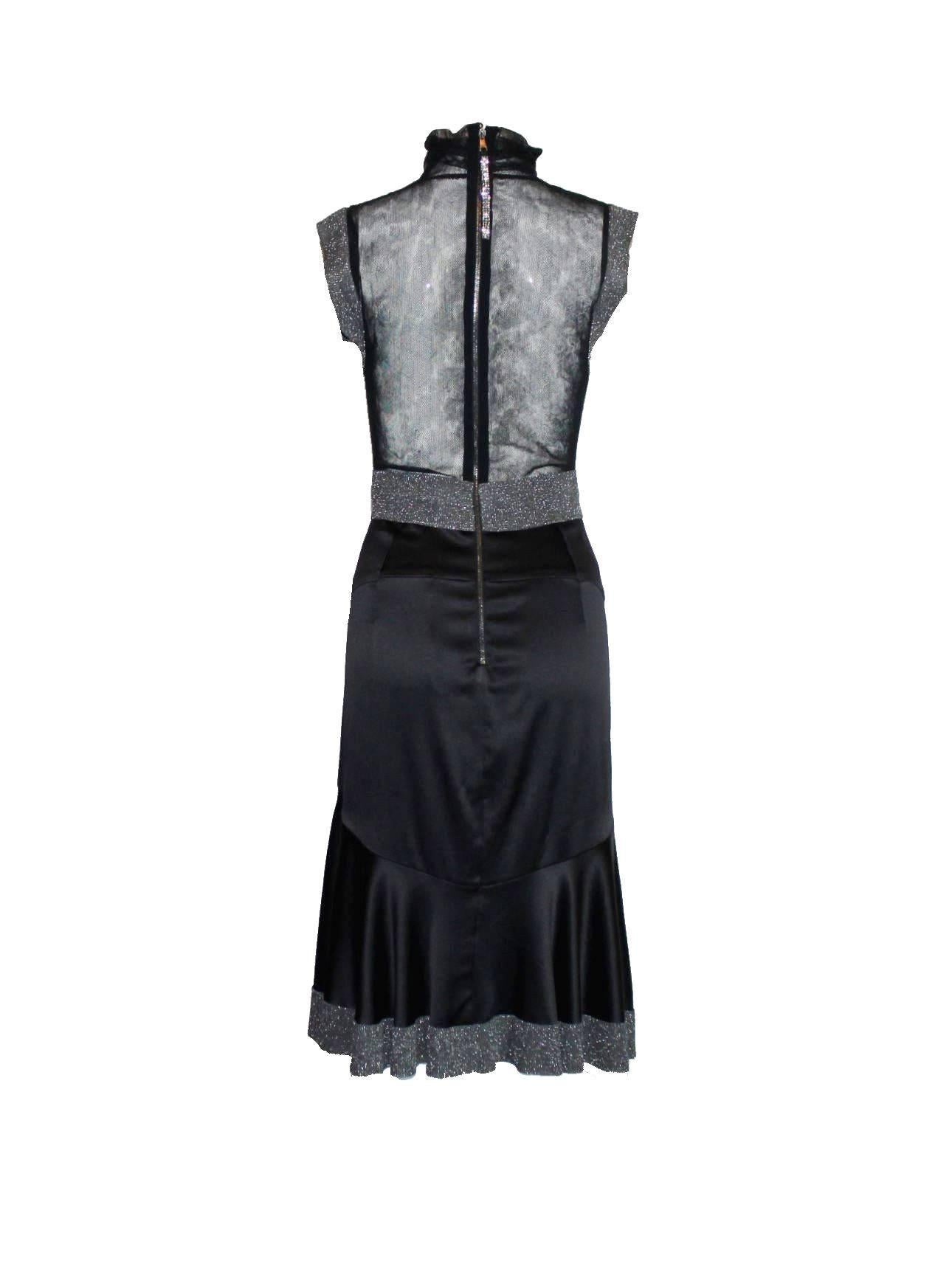 Dolce & Gabbana Gunmetal Tulle Silk Dress Stand Up Collar & Crystal Details In Excellent Condition In Switzerland, CH