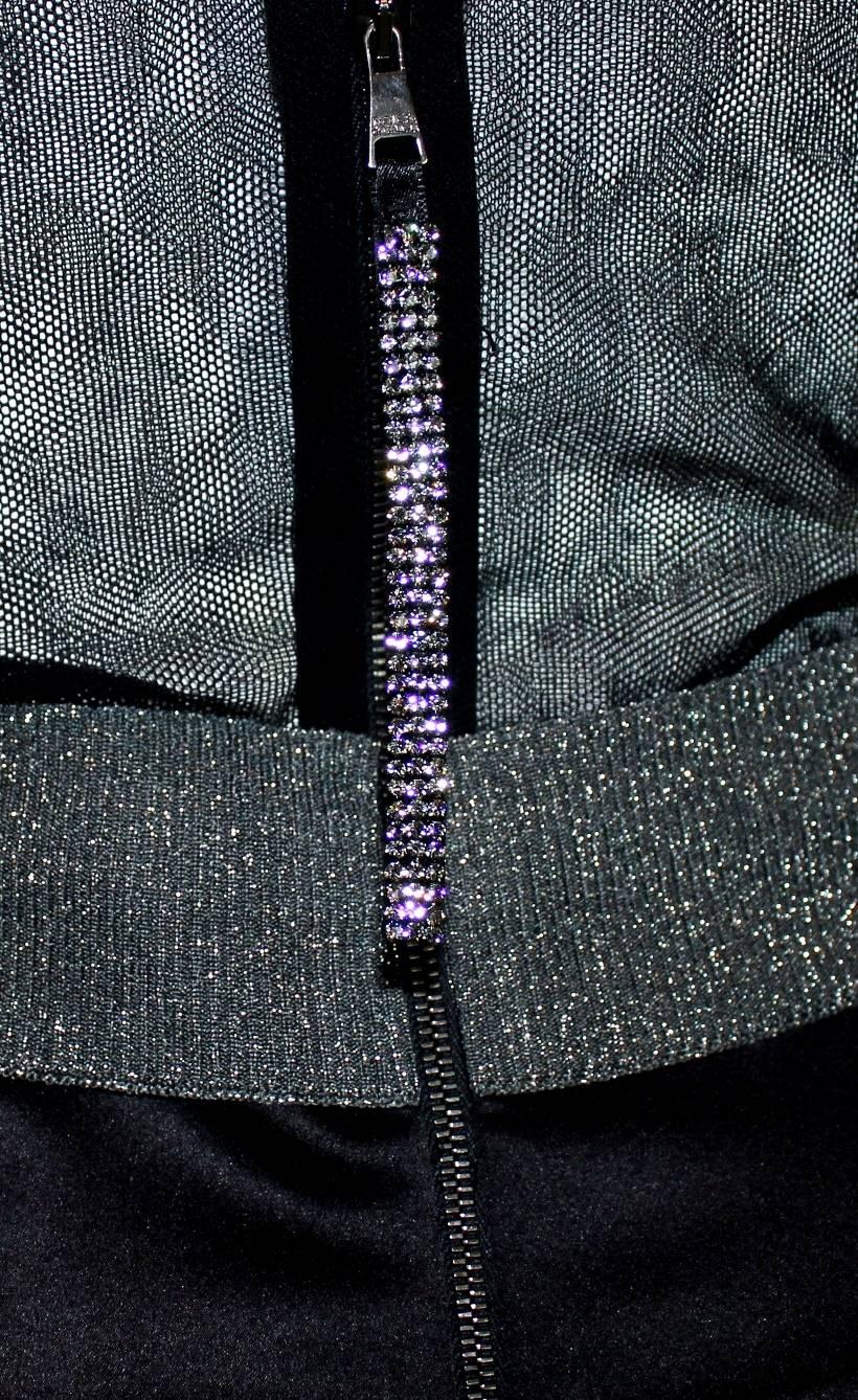 Dolce & Gabbana Gunmetal Tulle Silk Dress Stand Up Collar & Crystal Details 1