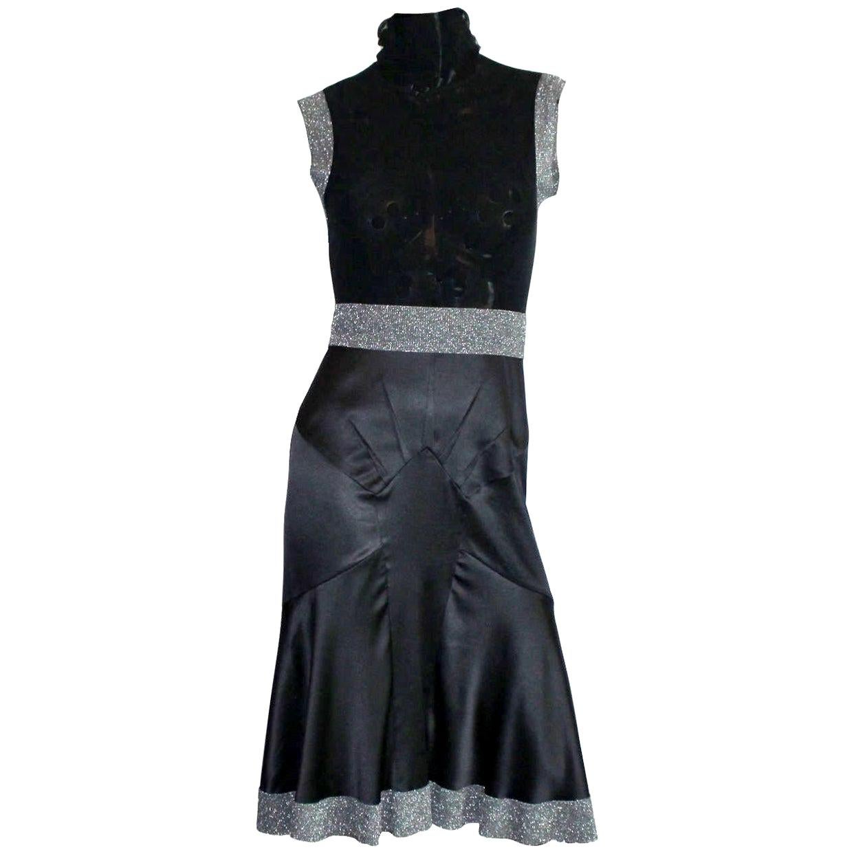 Dolce & Gabbana Gunmetal Tulle Silk Dress Stand Up Collar & Crystal Details