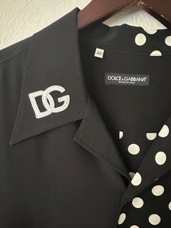 Dolce & Gabbana Half Polka Dot Silk Hawaiian Shirt Black sz M Embroider DG Logo