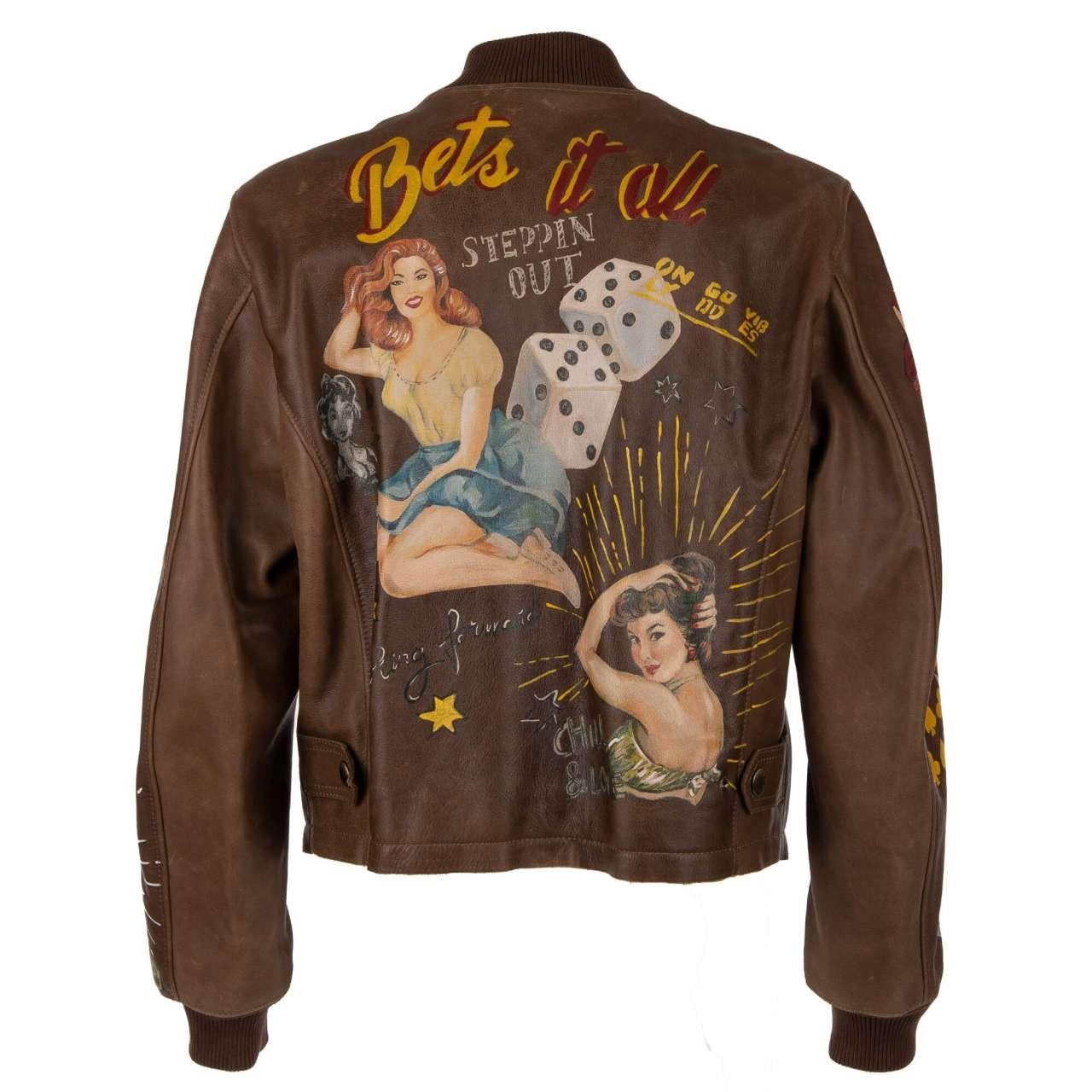 - Unique Hand Painted Bomber Jacket made of Bull Leather with Pin-Up Girls and lettering painting and zip pockets by DOLCE & GABBANA - New with tag - Former RRP: EUR 7.500 - MADE IN ITALY - Oversize / Wide Fit - Model: G9RT0Z-HULGQ-M1512 - Material: