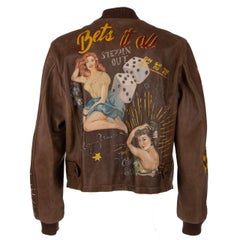 Dolce & Gabbana Hand Painted Bull Leather Jacket with Pin-Up Girls Brown 50