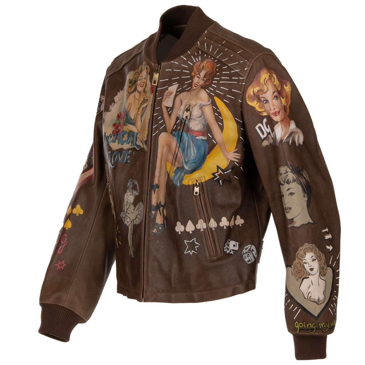 Men's Dolce & Gabbana Hand Painted Bull Leather Jacket with Pin-Up Girls Brown 50