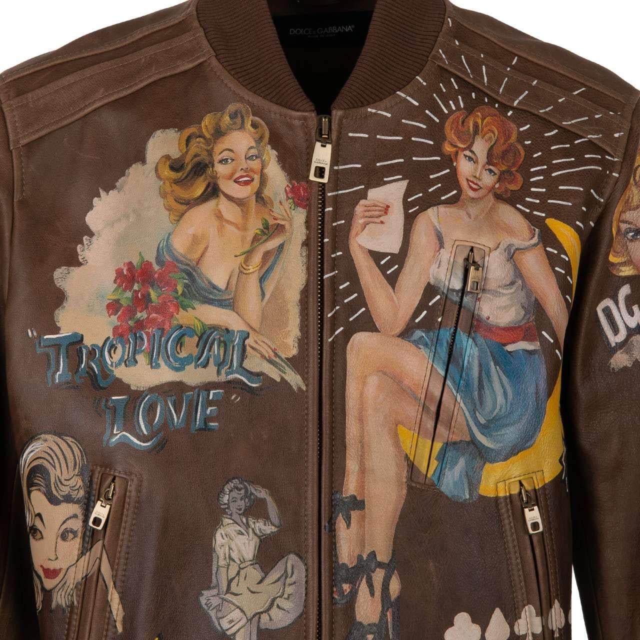 Dolce & Gabbana Hand Painted Bull Leather Jacket with Pin-Up Girls Brown 50 1
