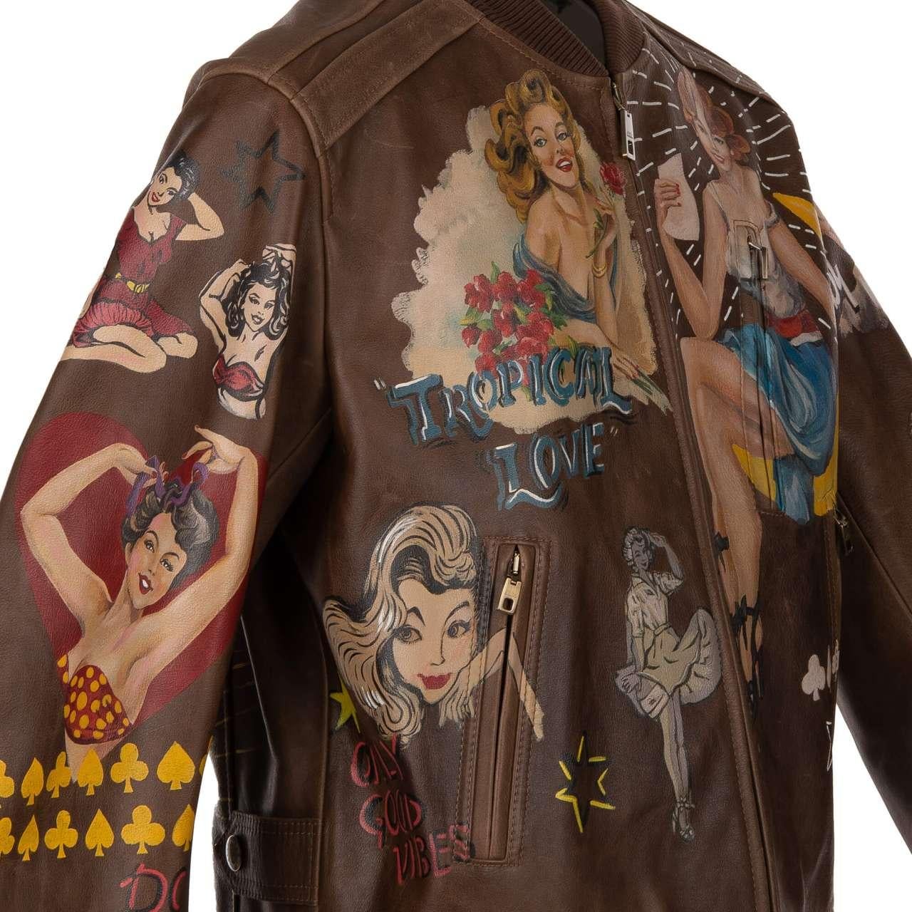 Dolce & Gabbana Hand Painted Bull Leather Jacket with Pin-Up Girls Brown 50 2