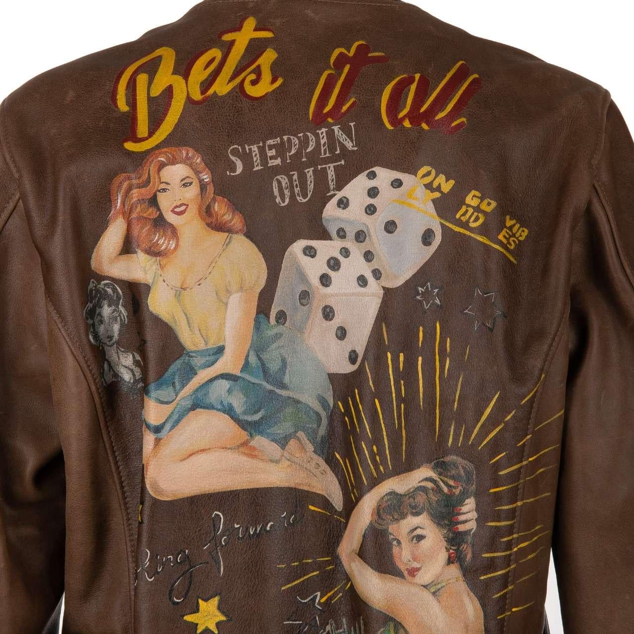 Dolce & Gabbana Hand Painted Bull Leather Jacket with Pin-Up Girls Brown 50 3