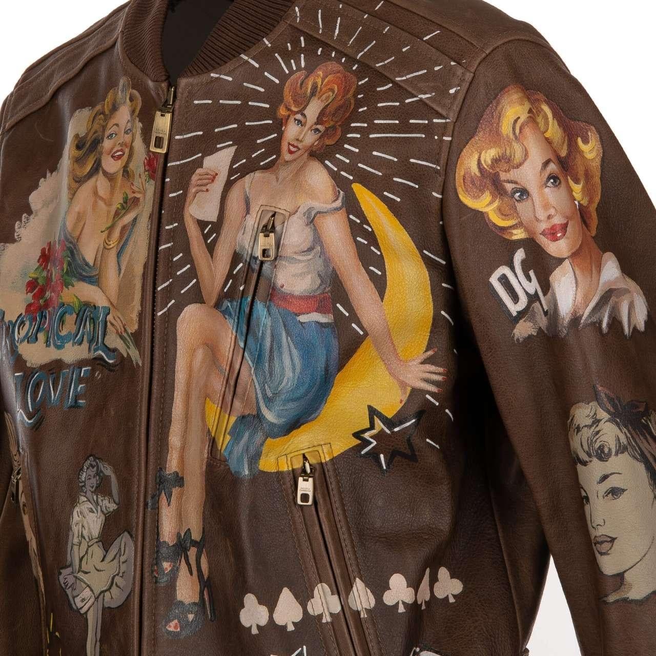 Dolce & Gabbana Hand Painted Bull Leather Jacket with Pin-Up Girls Brown 50 4
