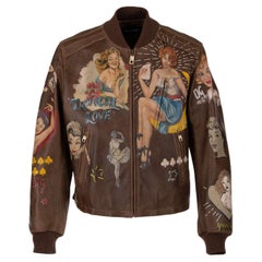Dolce & Gabbana Hand Painted Bull Leather Jacket with Pin-Up Girls Brown 50