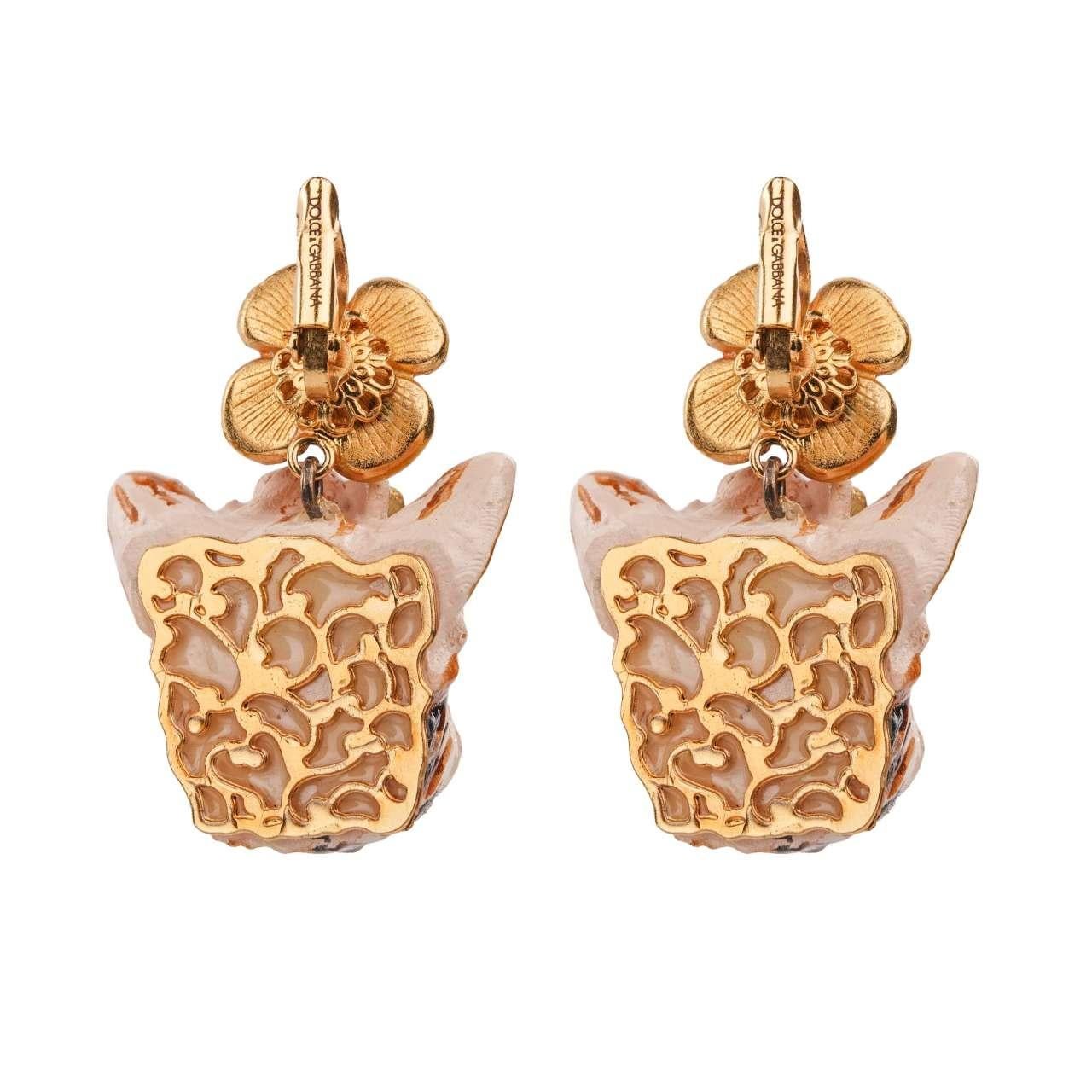 - Earrings with hand-painted terrier dog and flowers in gold by DOLCE & GABBANA - RUNWAY - Dolce & Gabbana Fashion Show - New with Box - Made in Italy - Gold-plated brass - Hook fastening - Nickel free - Model: WEK2C1-W1111-87579 - Material: 80%