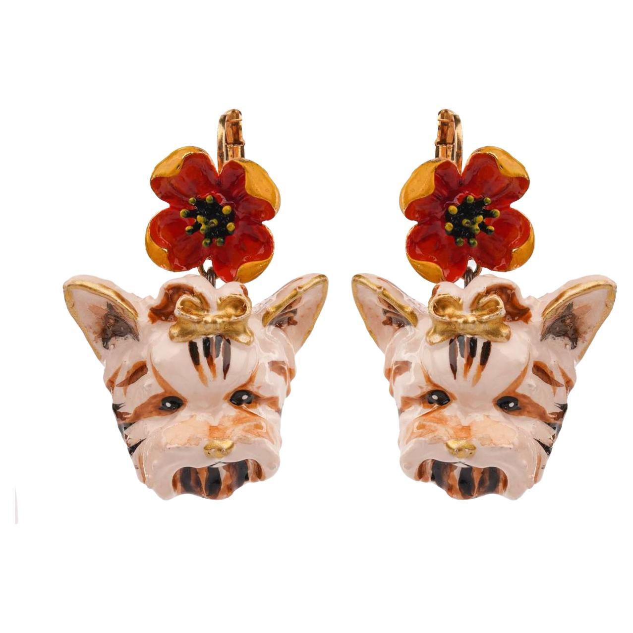 Dolce & Gabbana - Hand Painted Flower Terrier Dog Earrings Gold Red For Sale