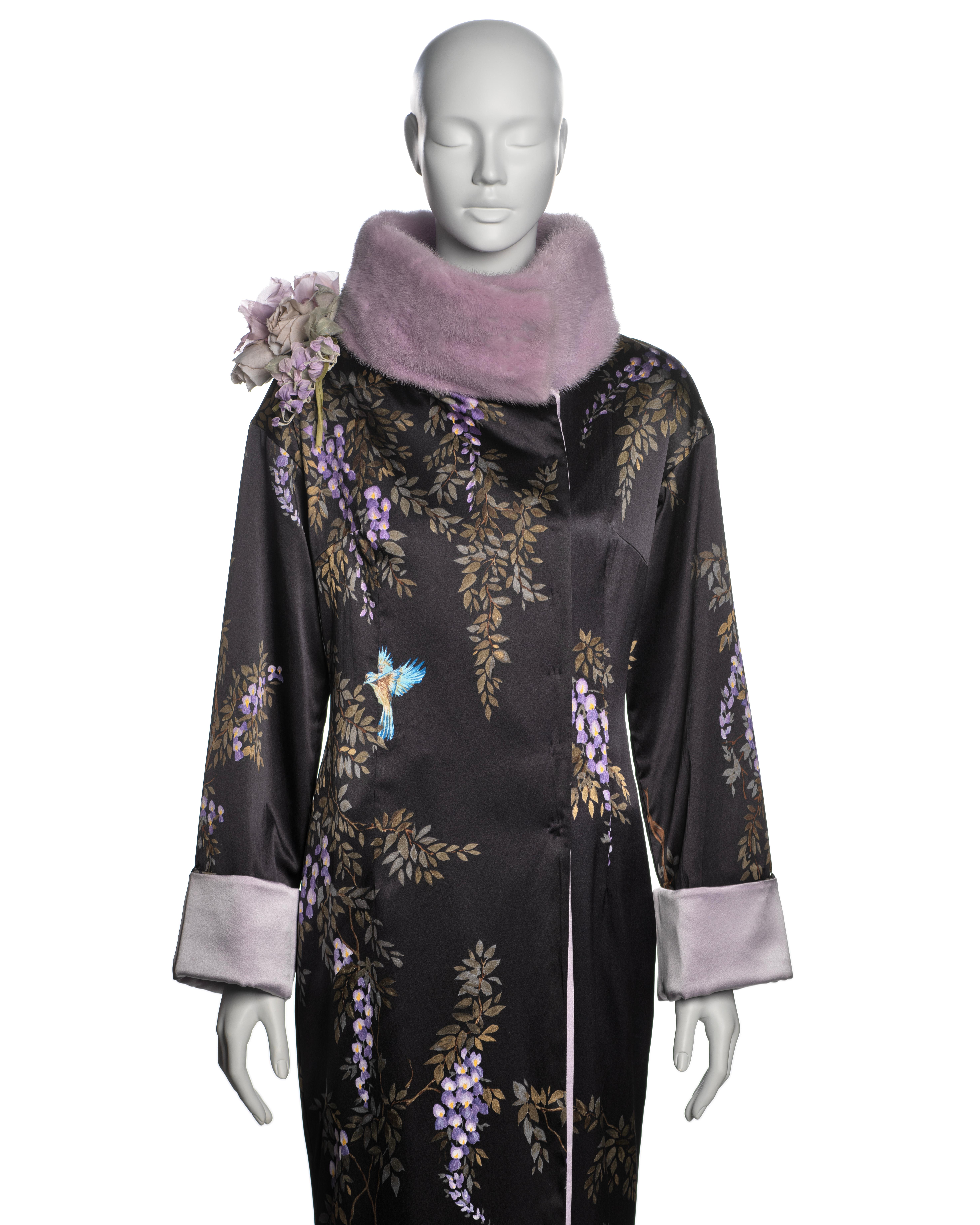 Black Dolce & Gabbana Hand-Painted Silk Coat with Lavender Mink Fur Trim, FW 1998 For Sale