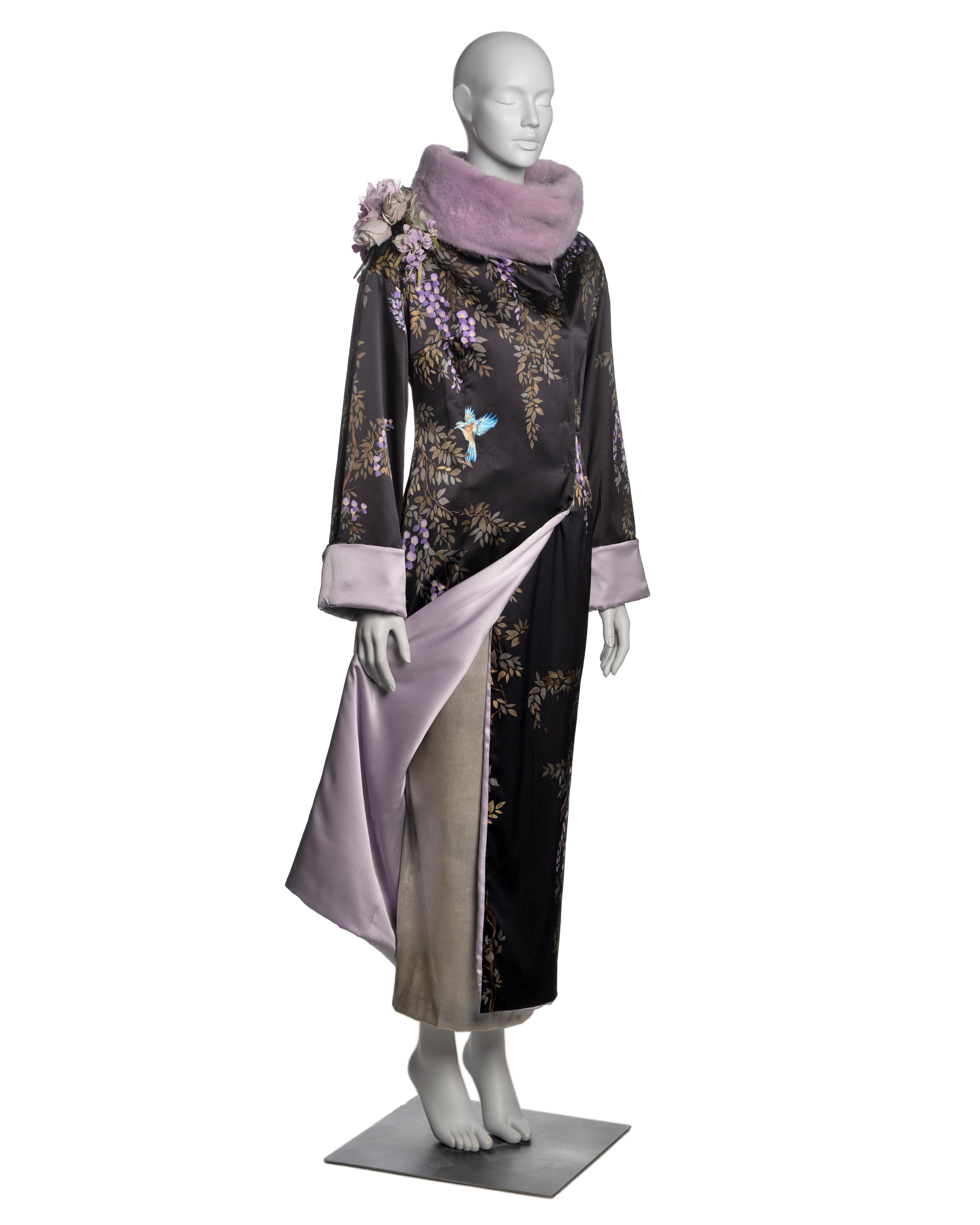 Dolce & Gabbana Hand-Painted Silk Coat with Lavender Mink Fur Trim, FW 1998 In Good Condition For Sale In London, GB