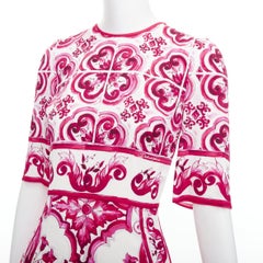 DOLCE GABBANA Happy Garden pink cream Majolica silk midi dress IT38 XS