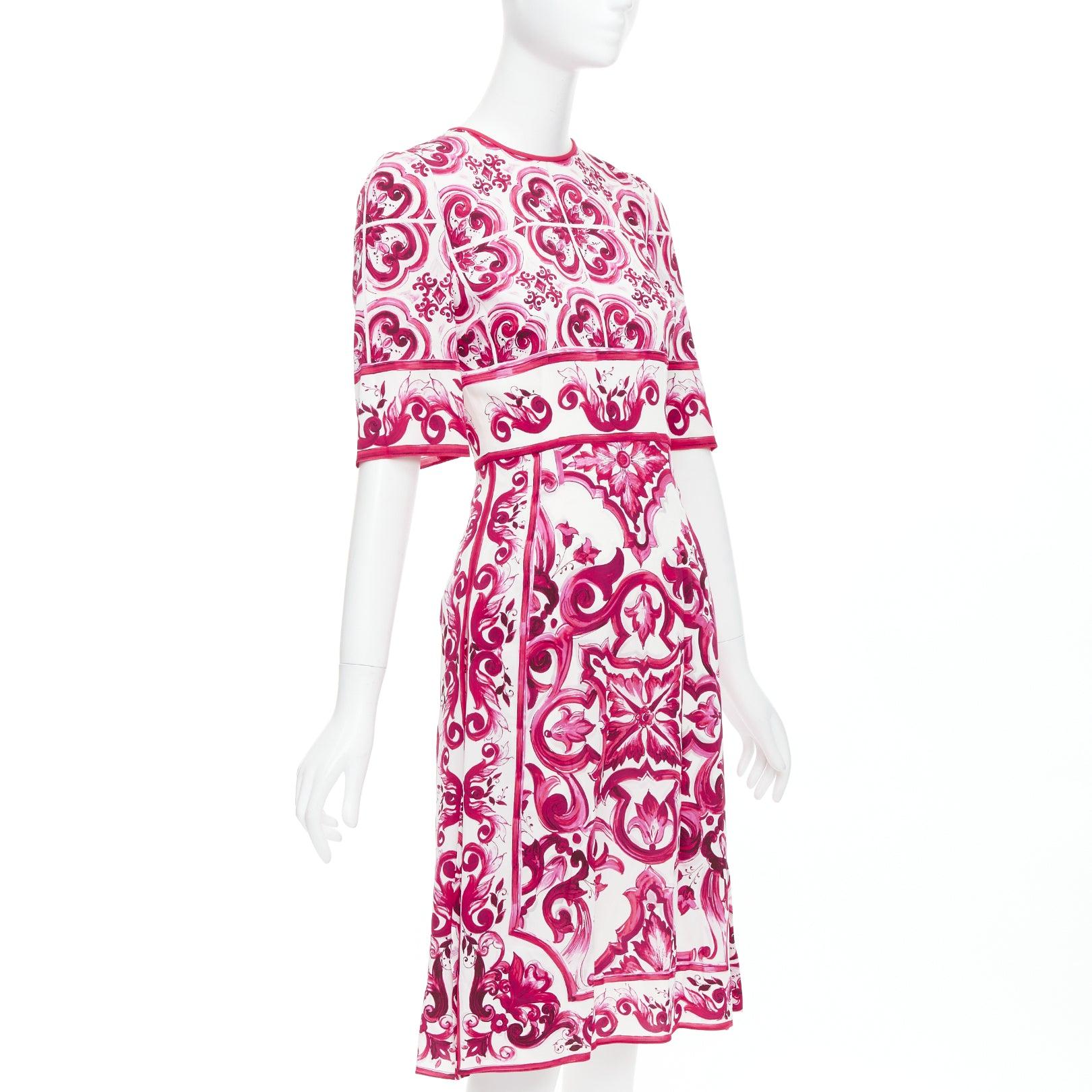 Rosa DOLCE GABBANA Happy Garden pink cream Majolica silk midi dress IT38 XS in vendita