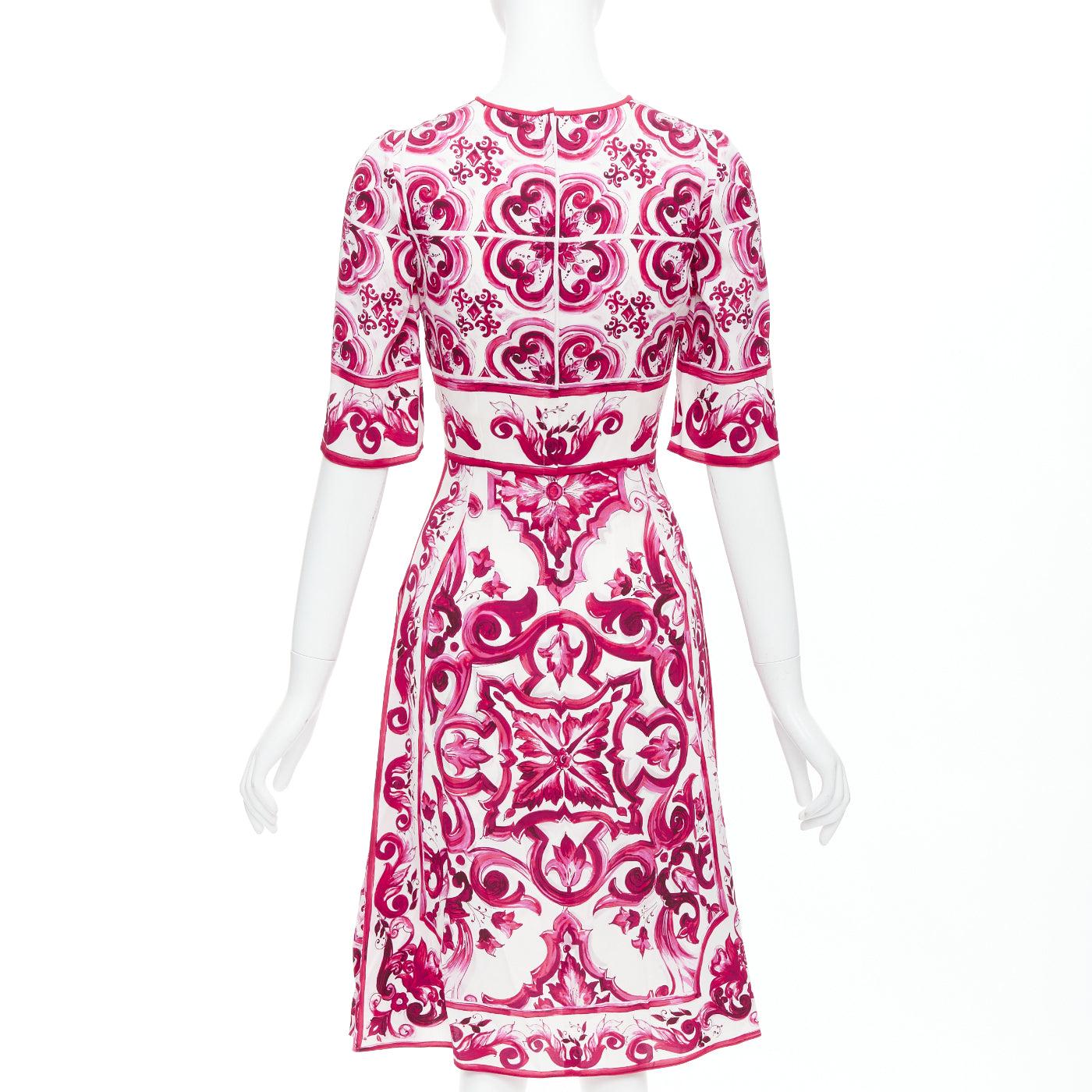 Donna DOLCE GABBANA Happy Garden pink cream Majolica silk midi dress IT38 XS in vendita
