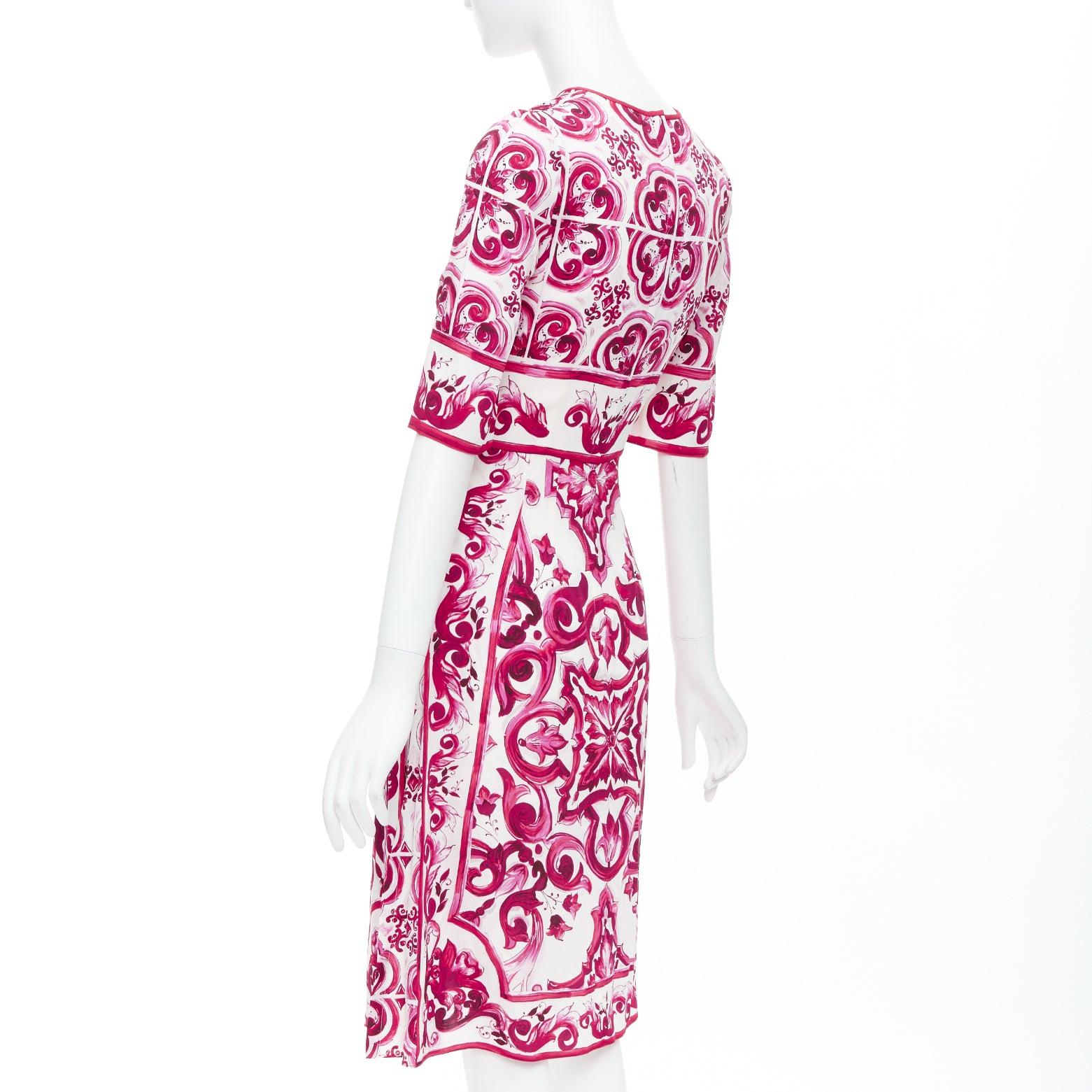 DOLCE GABBANA Happy Garden pink cream Majolica silk midi dress IT38 XS in vendita 1