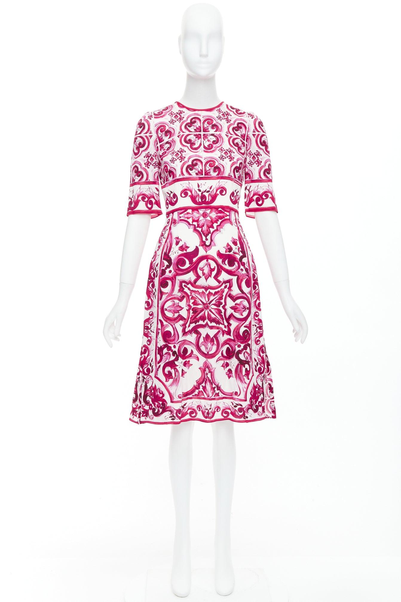 DOLCE GABBANA Happy Garden pink cream Majolica silk midi dress IT38 XS in vendita 4