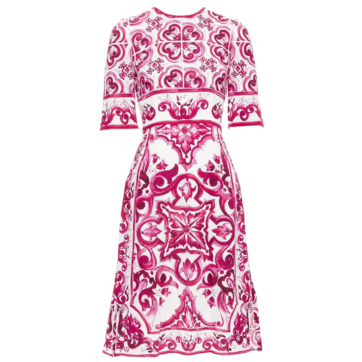 DOLCE GABBANA Happy Garden rosa creme Majolika Seiden-Midikleid IT38 XS