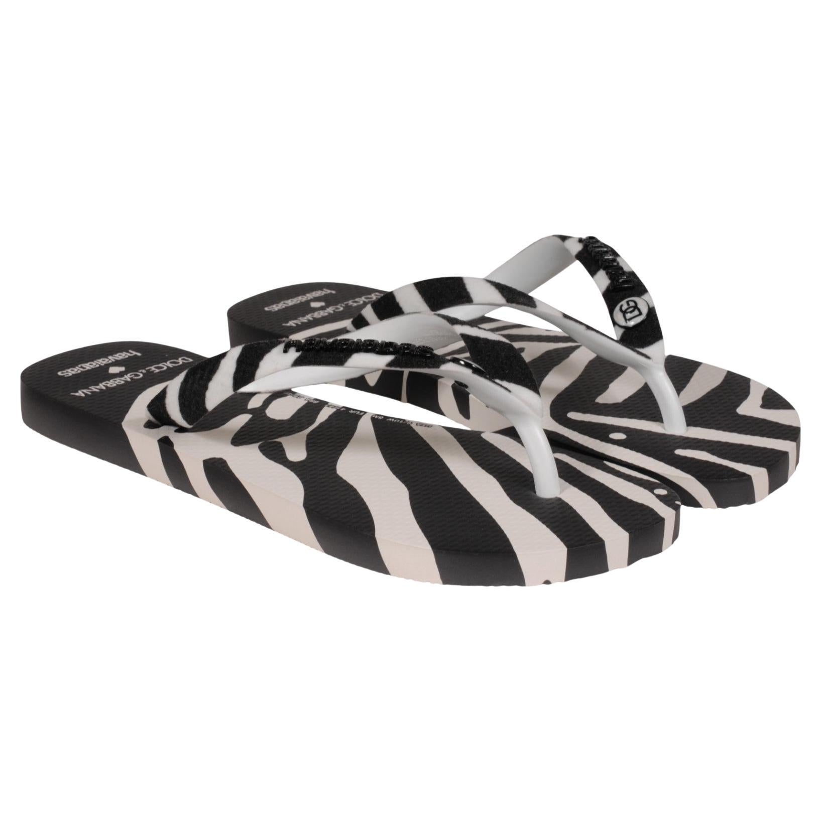 Pre-owned Dolce & Gabbana Havaianas Womens Flip Flops Us 9 / 10 Zebra White Sandals Flats