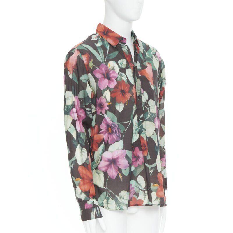 Grigio DOLCE GABBANA Camicia casual in cotone con stampa floreale hawaiana a maniche lunghe EU38 S in vendita