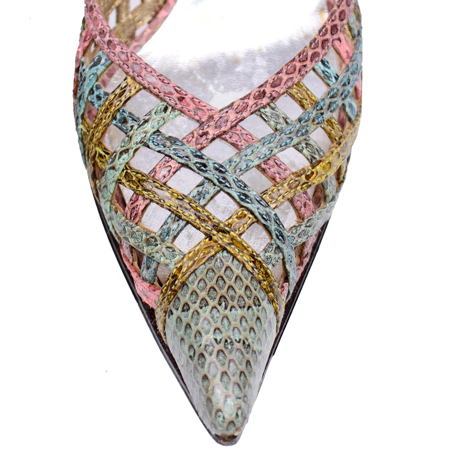 Dolce & Gabbana Heels Vintage Multi Color Woven Snakeskin Pointed Toe Shoes For Sale 2