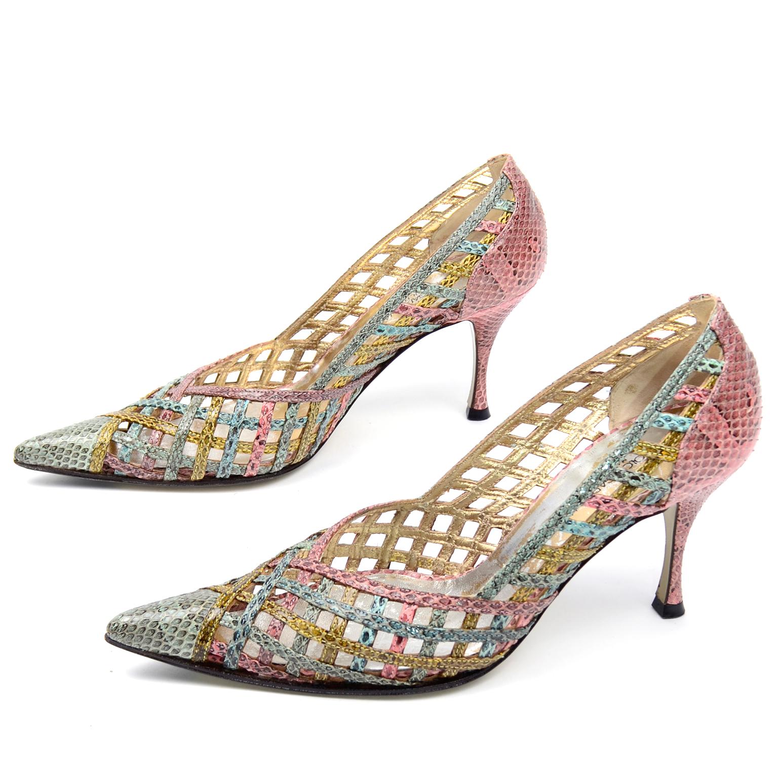 Dolce & Gabbana Heels Vintage Multi Color Woven Snakeskin Pointed Toe Shoes In Excellent Condition For Sale In Portland, OR