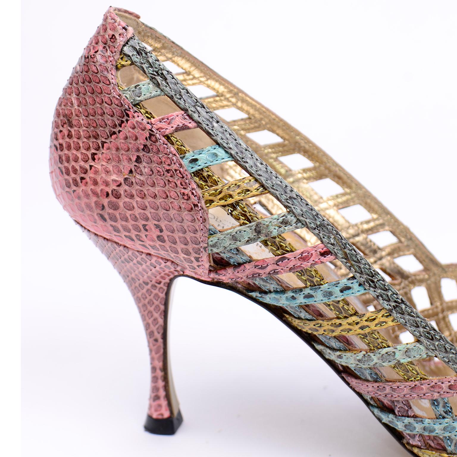 Women's Dolce & Gabbana Heels Vintage Multi Color Woven Snakeskin Pointed Toe Shoes For Sale