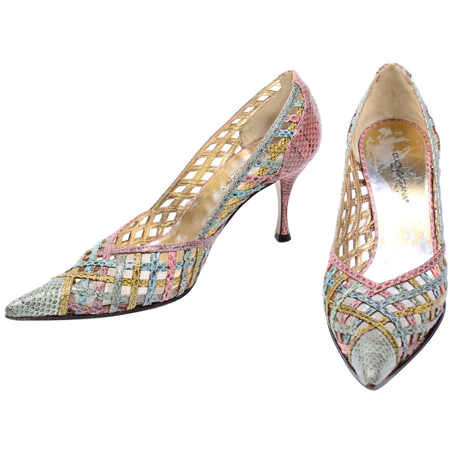 Dolce & Gabbana Heels Vintage Multi Color Woven Snakeskin Pointed Toe Shoes