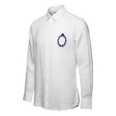 Chemise en lin blanc Dolce & Gabbana authentique, avec écusson héraldique, taille EU 44 (XL), broderie bleue