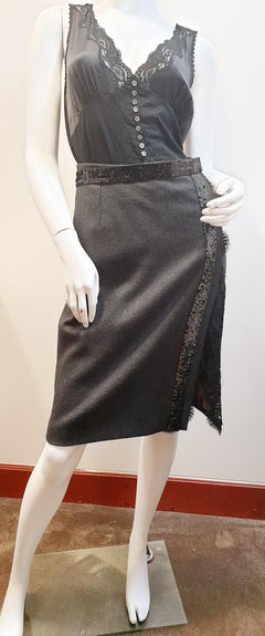 DOLCE & GABBANA Herringbone Midi Skirt Leopard Print Lining, Lace and Wool