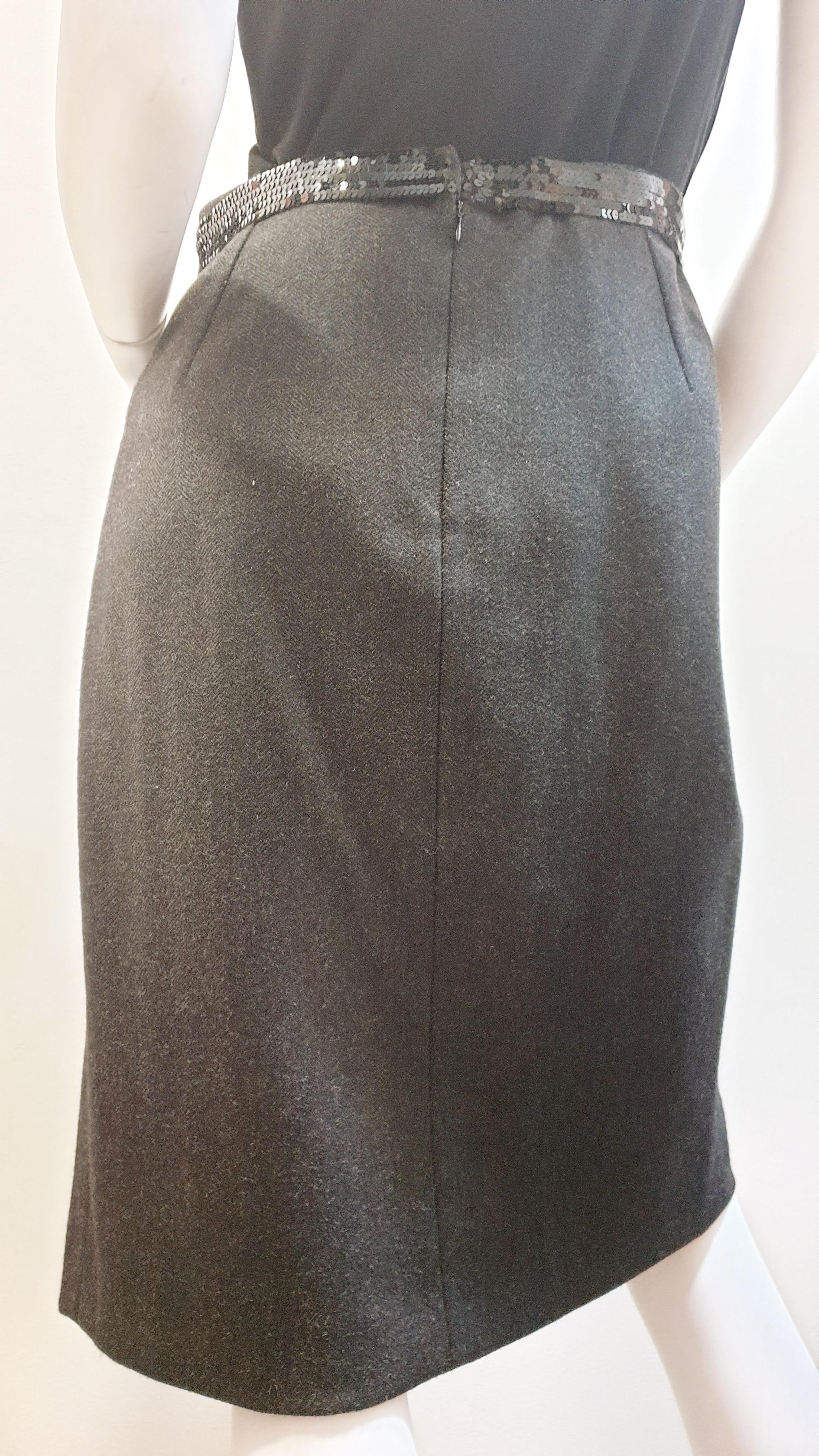 Black DOLCE & GABBANA Herringbone Midi Skirt Leopard Print Lining, Lace and Wool For Sale
