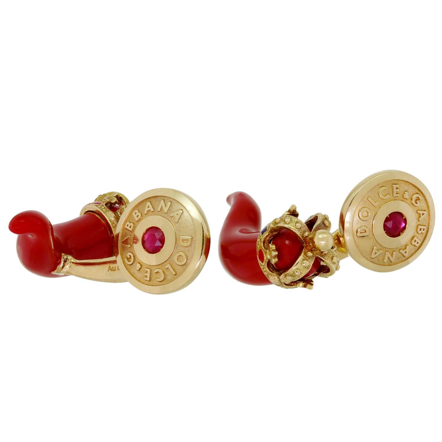 Round Cut DOLCE & GABBANA Horn Amulet Crown Red Enamel Ruby 18k Gold Small Cufflinks  For Sale