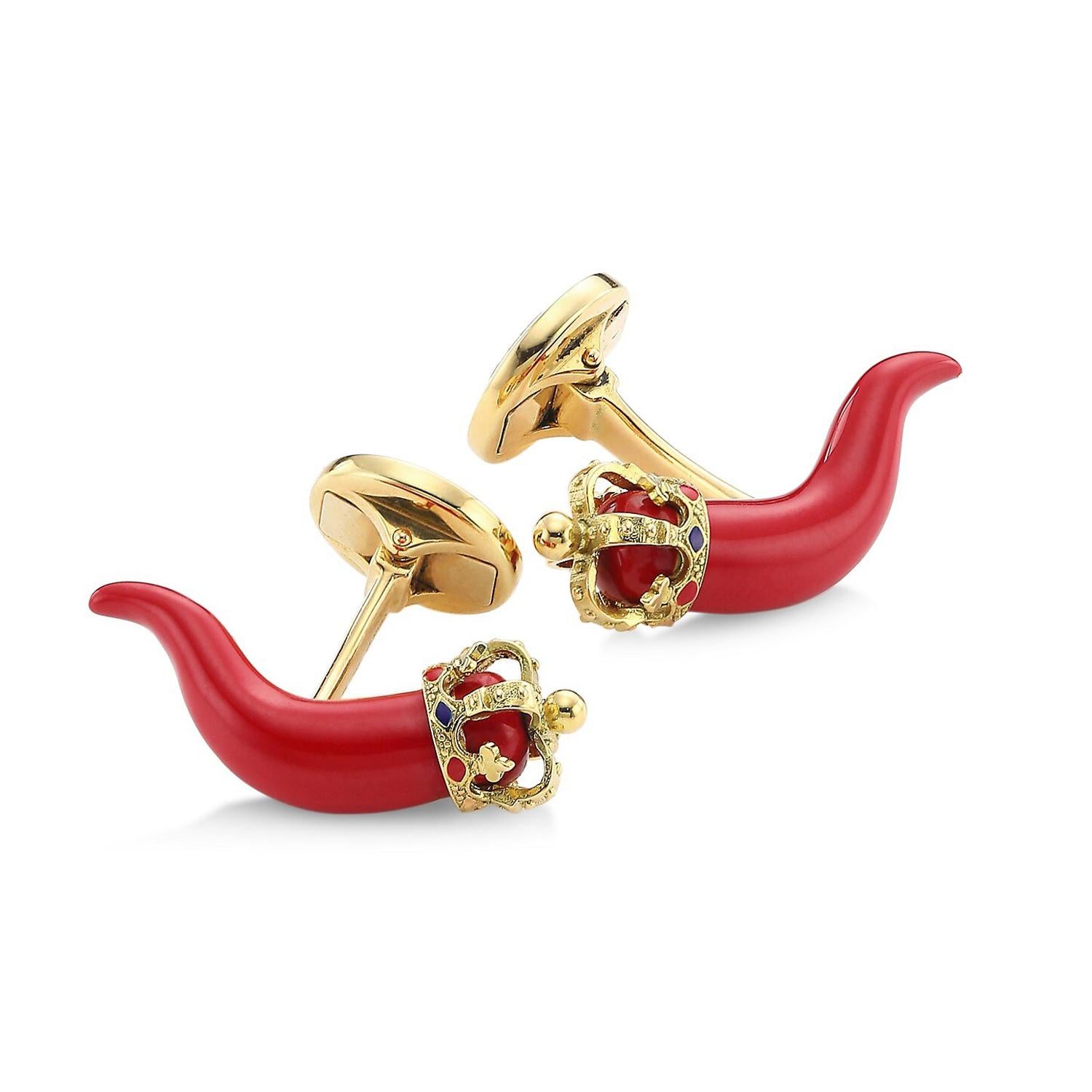 Women's or Men's DOLCE & GABBANA Horn Amulet Crown Red Enamel Ruby 18k Gold Small Cufflinks  For Sale