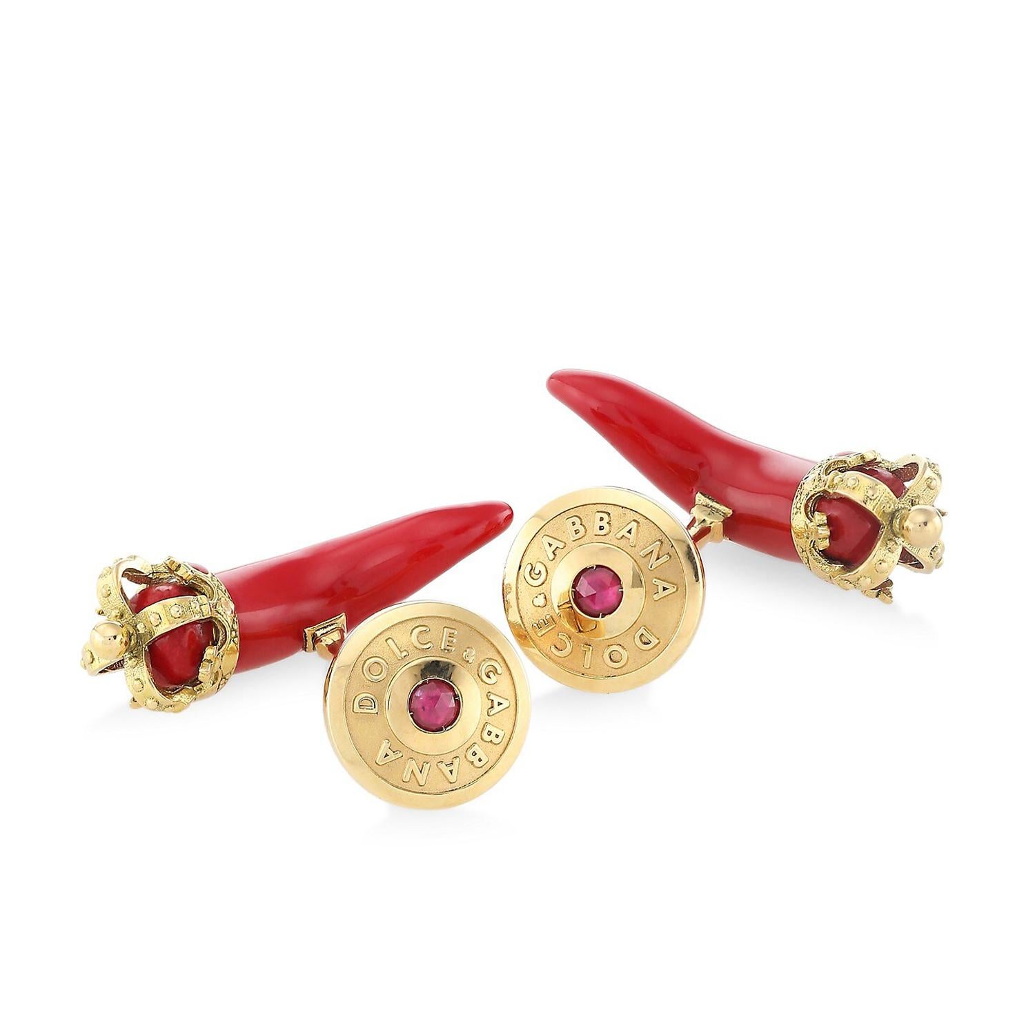 DOLCE & GABBANA Horn Amulet Crown Red Enamel Ruby 18k Gold Small Cufflinks  For Sale 1