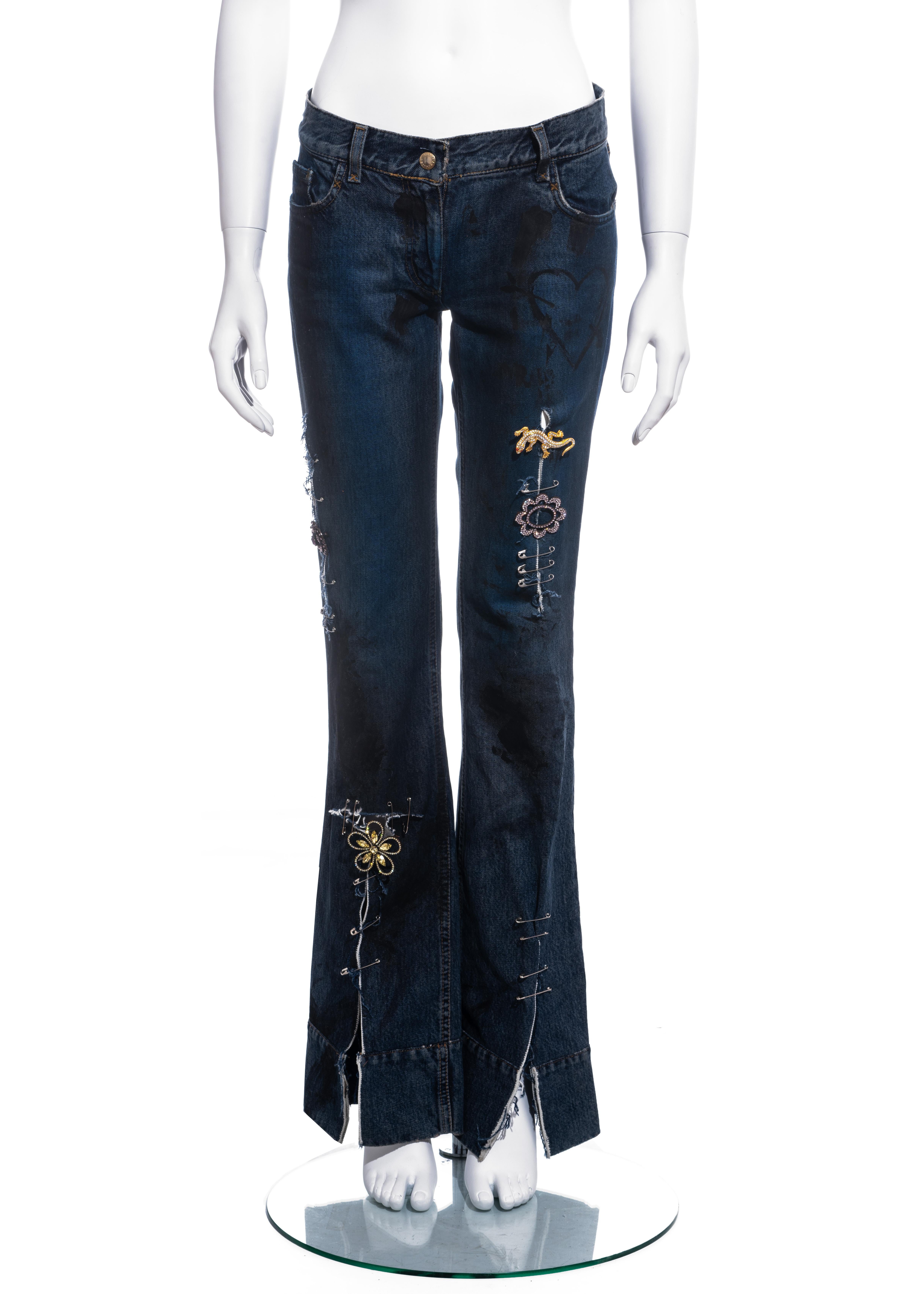 Dolce and Gabbana indigo denim graffiti punk jeans with safety pins 