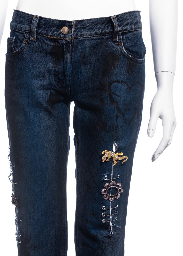 Dolce and Gabbana indigo denim graffiti punk jeans with safety pins, ss ...