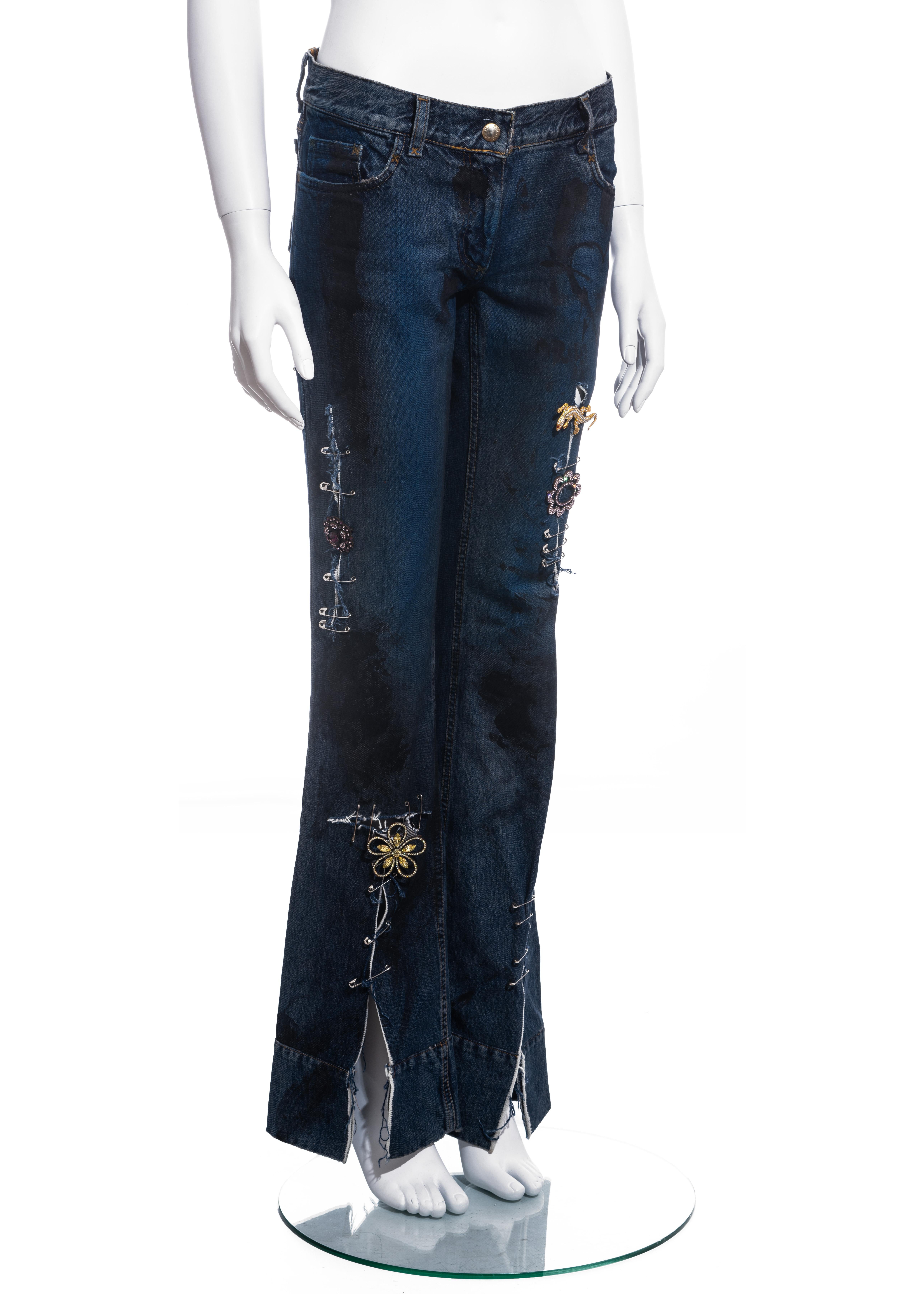 Black Dolce & Gabbana indigo denim graffiti punk jeans with safety pins, ss 2001