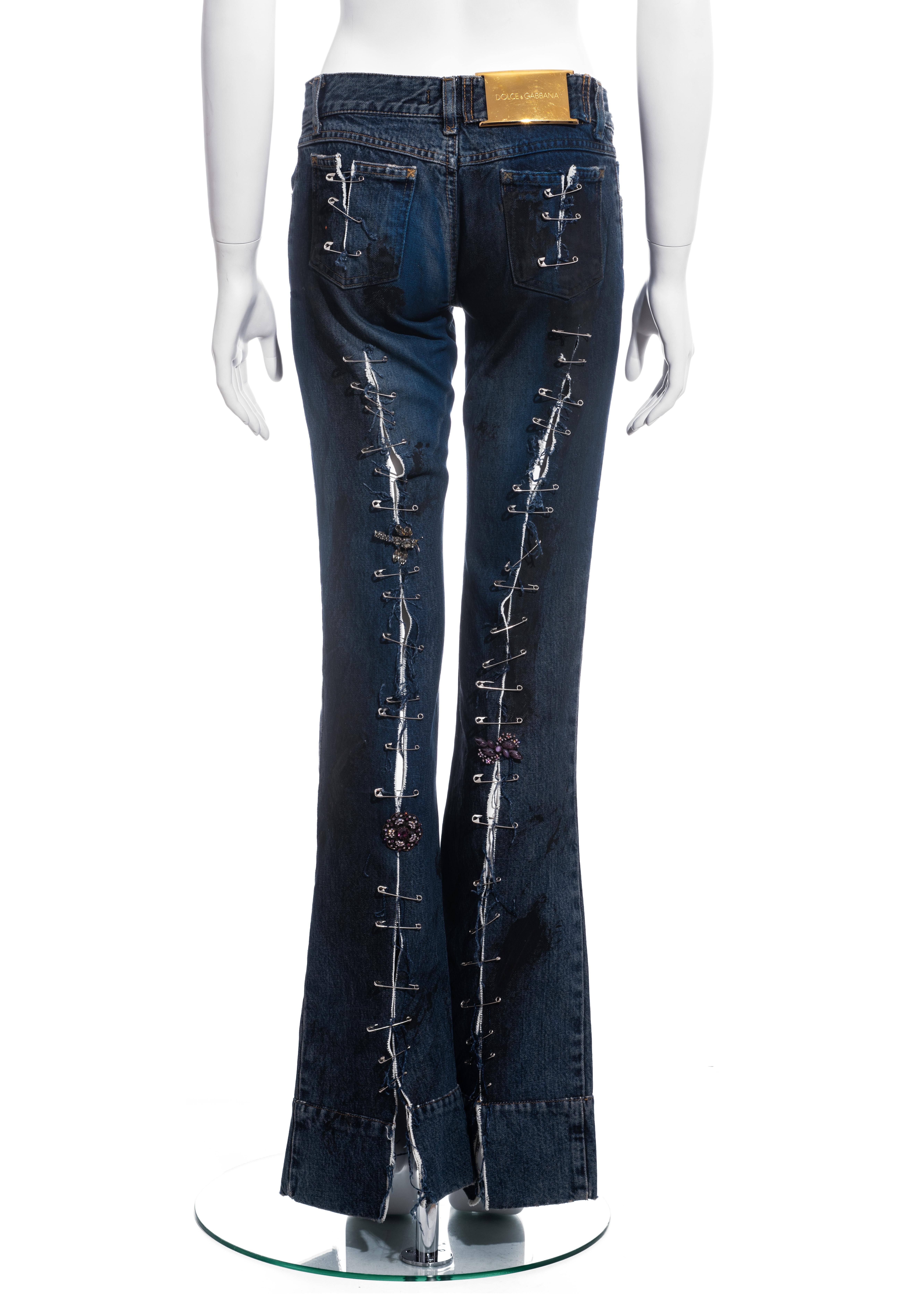 Women's Dolce & Gabbana indigo denim graffiti punk jeans with safety pins, ss 2001
