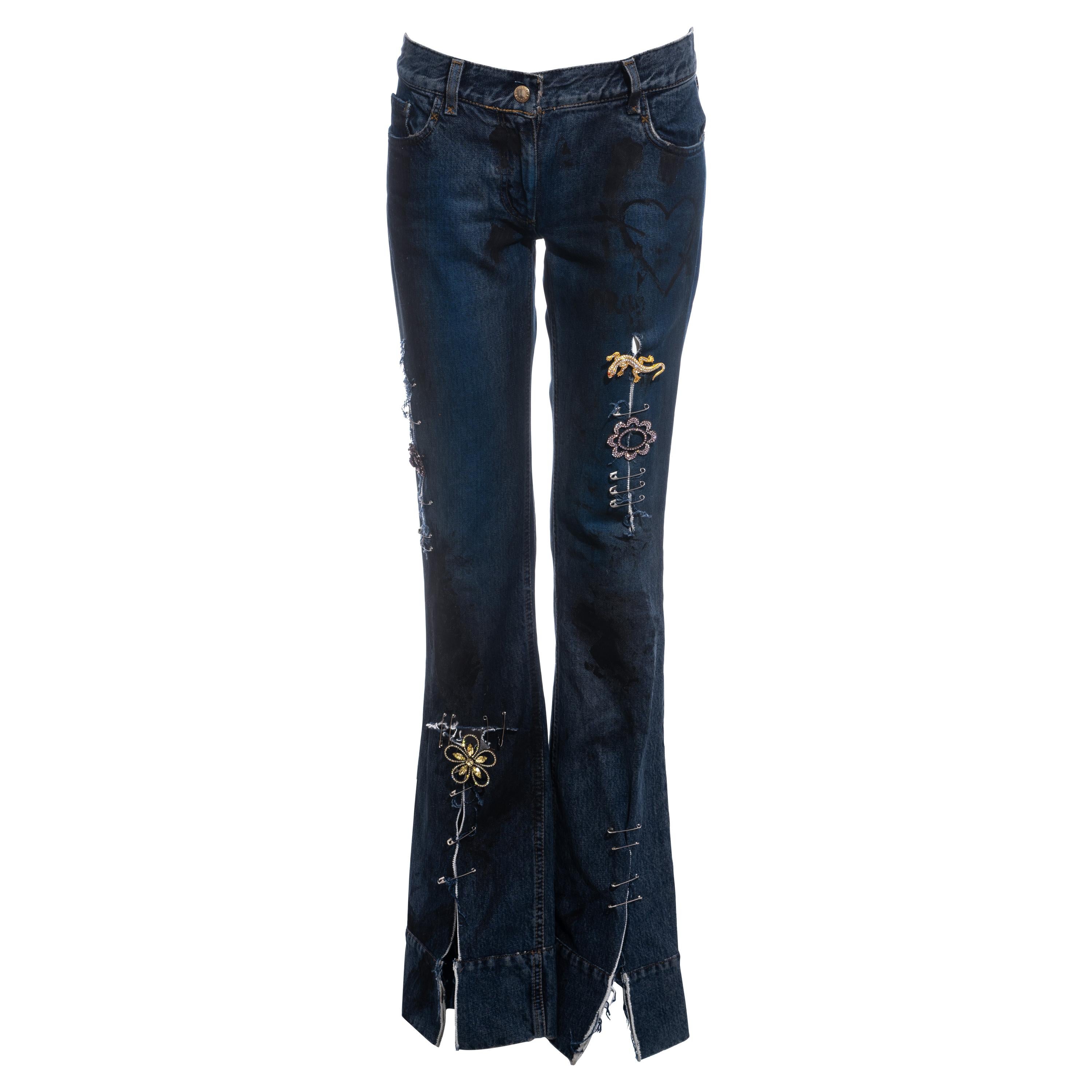 Dolce and Gabbana indigo denim graffiti punk jeans with safety 