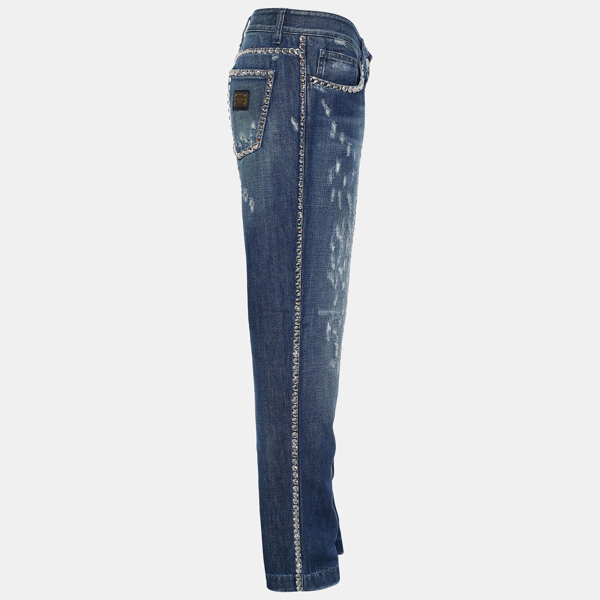 Violet Dolce & Gabbana - Jean délavé en jean embelli, effet délavé, indigo, taille 32 po.