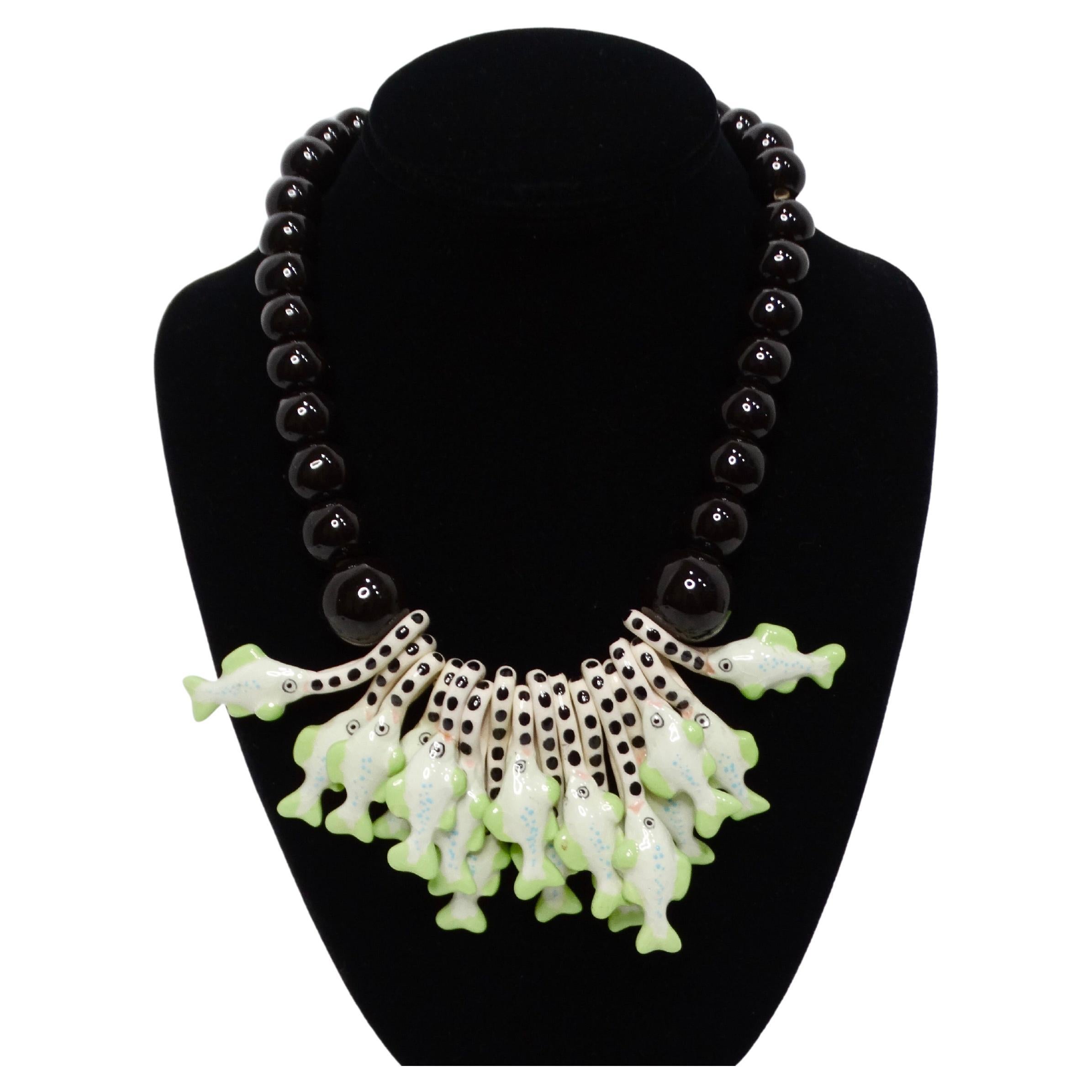 Dolce & Gabbana Inspired Vintage Parrot Pearls Fish Ceramic Beaded Necklace en vente