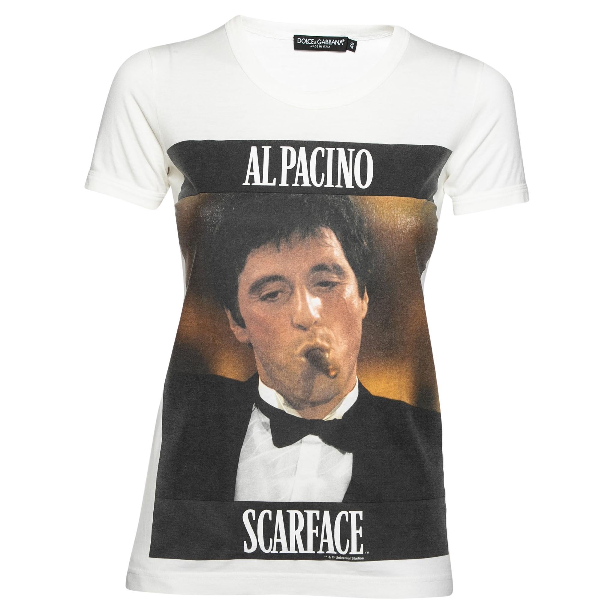 Dolce and Gabbana Ivory Al Pacino Scarface Printed Cotton Short Sleeve  T-Shirt S For Sale at 1stDibs