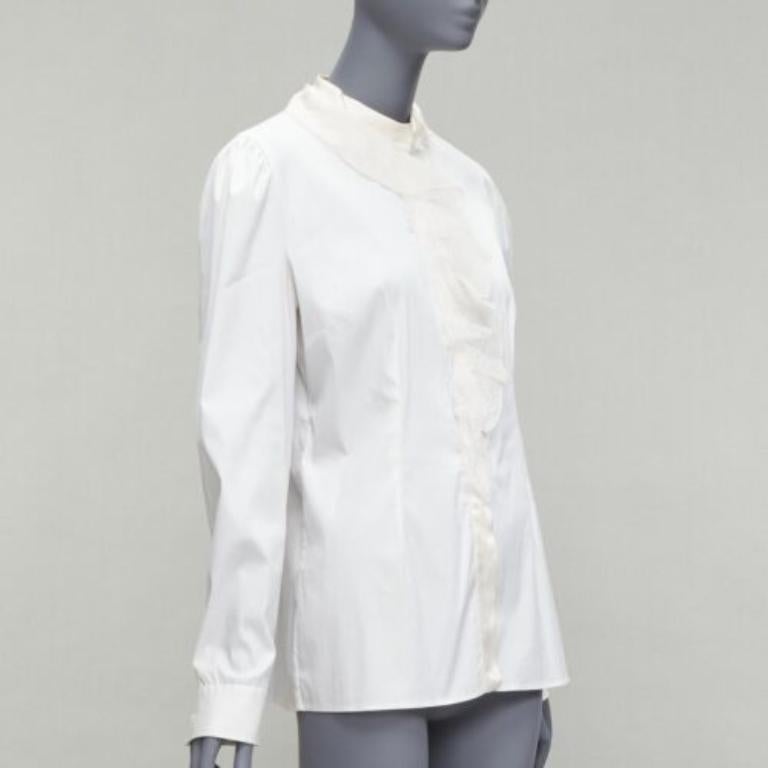 Gray DOLCE GABBANA ivory lace ruffle collar long sleeve fitted dress shirt IT46 XL For Sale